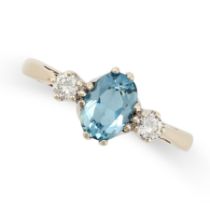 AN AQUAMARINE AND DIAMOND THREE STONE RING in 9ct yellow gold, set with an oval cut aquamarine