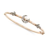 AN ANTIQUE DIAMOND AND PEARL CRESCENT MOON BANGLE in yellow gold and silver, the hinged bangle