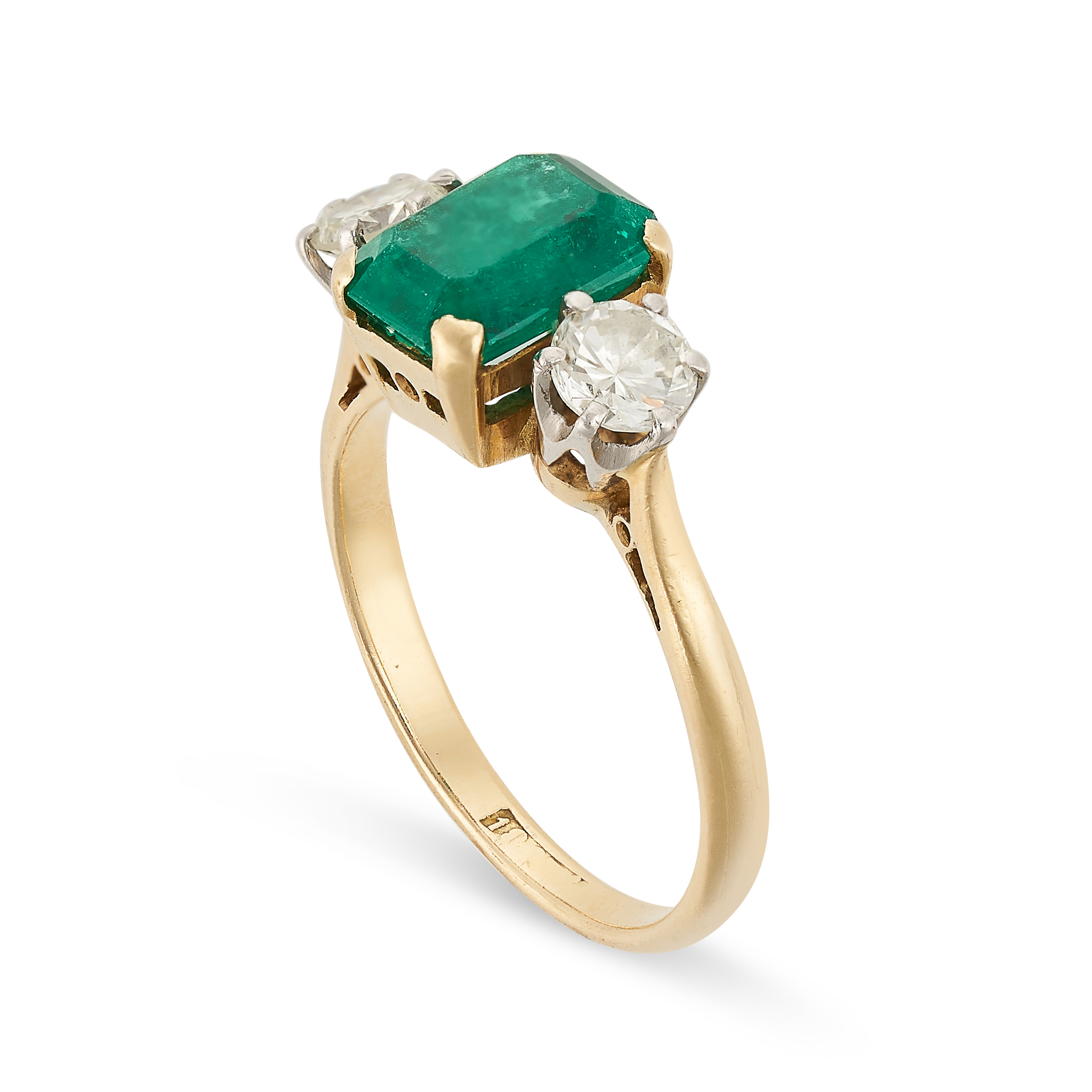 AN EMERALD AND DIAMOND THREE STONE RING in 18ct yellow gold, set with an emerald cut emerald between - Image 2 of 2