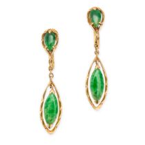 A PAIR OF VINTAGE JADEITE JADE DROP EARRINGS in 14ct yellow gold, each set with an inverted pear