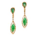 A PAIR OF VINTAGE JADEITE JADE DROP EARRINGS in 14ct yellow gold, each set with an inverted pear