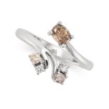 A COGNAC AND WHITE DIAMOND CROSSOVER RING in 9ct white gold, set with oval and round brilliant cut