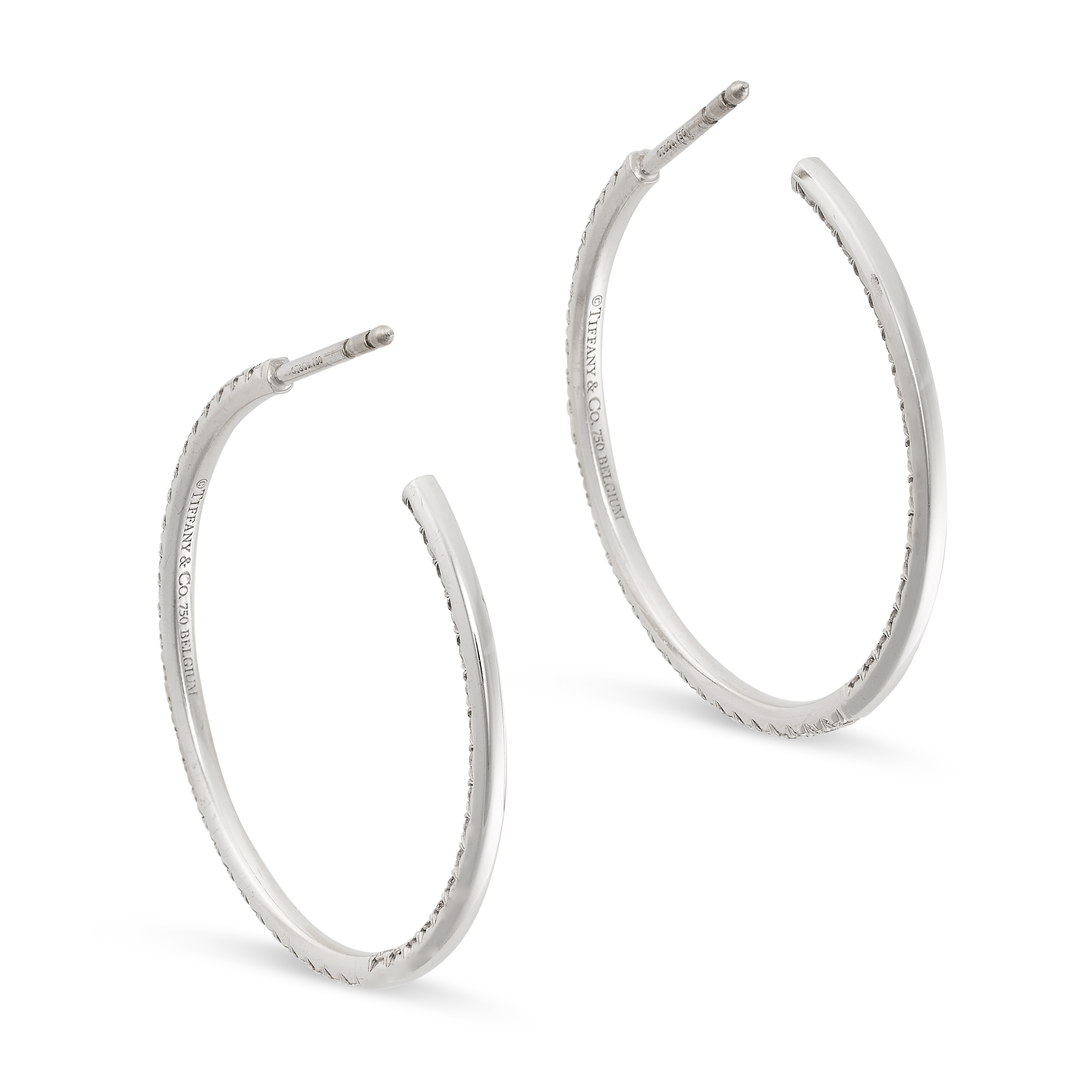TIFFANY & CO., A PAIR OF DIAMOND HOOP EARRINGS in 18ct white gold, designed as a hoop, set with - Image 2 of 2