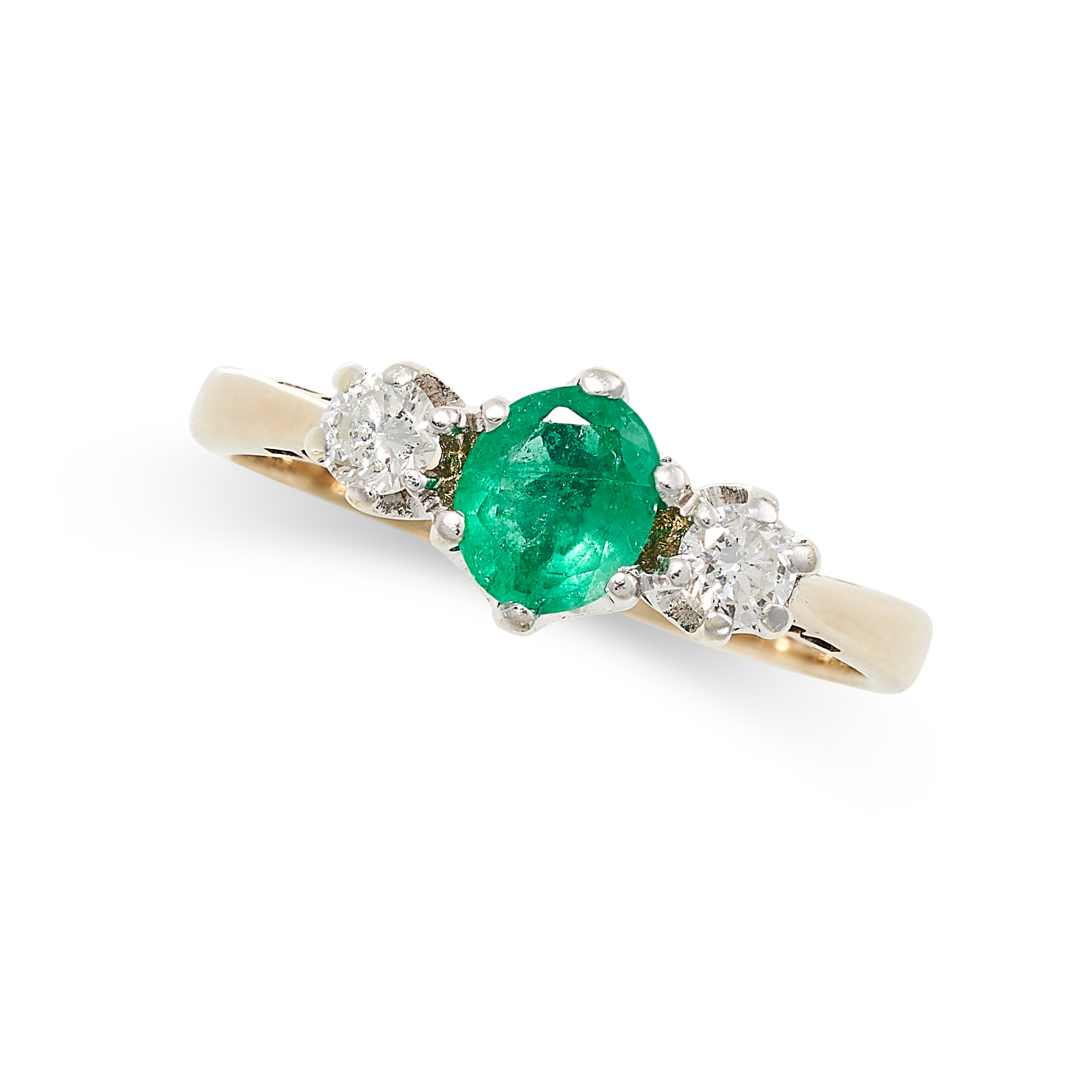 AN EMERALD AND DIAMOND THREE STONE RING in 9ct yellow gold, set with an oval cut emerald between two