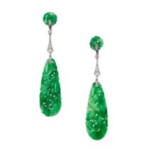 A PAIR OF ART DECO JADEITE JADE AND DIAMOND EARRINGS each set with a carved jade disc, suspending