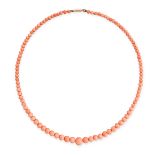NO RESERVE - A CORAL BEAD NECKLACE comprising a single row of graduated coral beads, no assay marks,