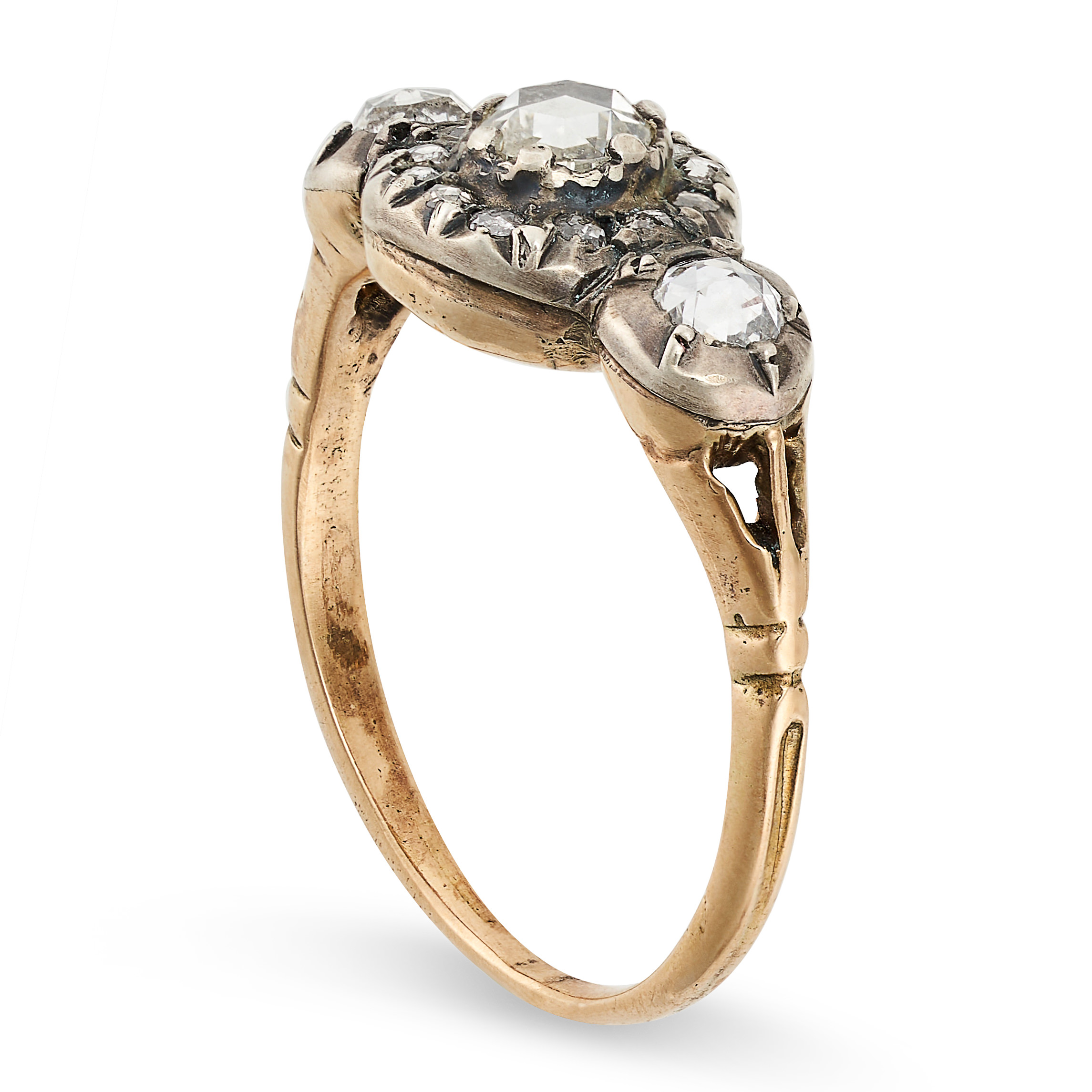 AN ANTIQUE DIAMOND RING set with three graduated rose cut diamonds, the central diamond surrounded - Image 2 of 2