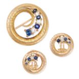 A VINTAGE SAPPHIRE AND DIAMOND BROOCH AND EARRINGS SUITE in yellow gold, of circular design with