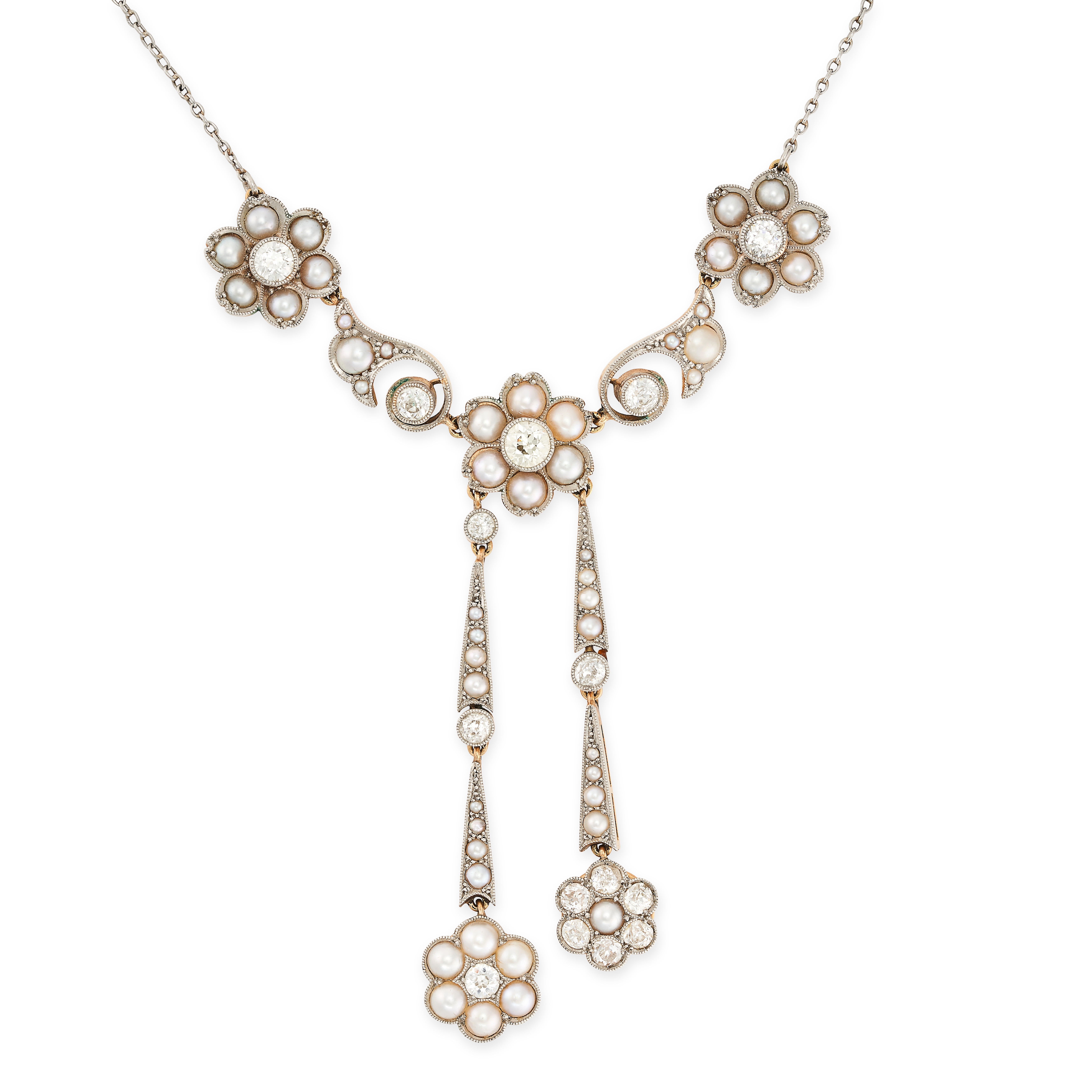 A PEARL AND DIAMOND LAVALIER NECKLACE the chain link necklace set with three flower motifs