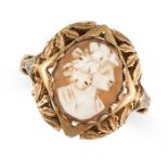 A CAMEO RING in 9ct yellow gold, se with a carved shell cameo depicting a lady, with foliate details