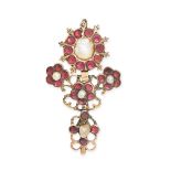 AN ANTIQUE GARNET AND PEARL PENDANT in yellow gold, set with a baroque pearl in a cluster of flat