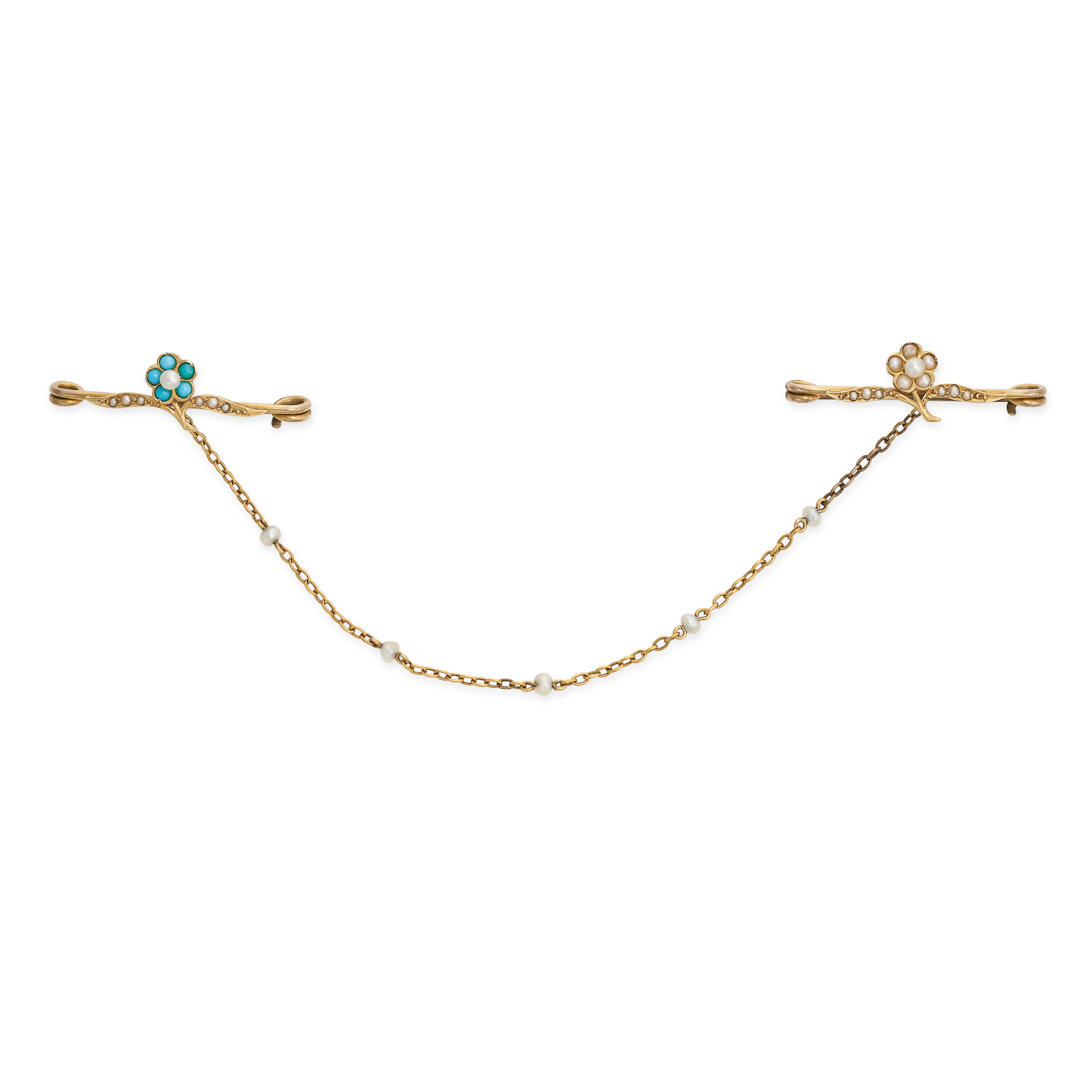 A PAIR OF ANTIQUE PEARL AND TURQUOISE BROOCHES in yellow gold, each designed as a bar brooch set