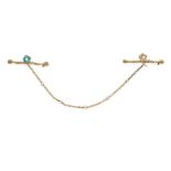 A PAIR OF ANTIQUE PEARL AND TURQUOISE BROOCHES in yellow gold, each designed as a bar brooch set