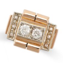 A FRENCH RETRO DIAMOND RING in 18ct yellow gold, the geometric face set with two old cut diamonds,