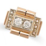A FRENCH RETRO DIAMOND RING in 18ct yellow gold, the geometric face set with two old cut diamonds,