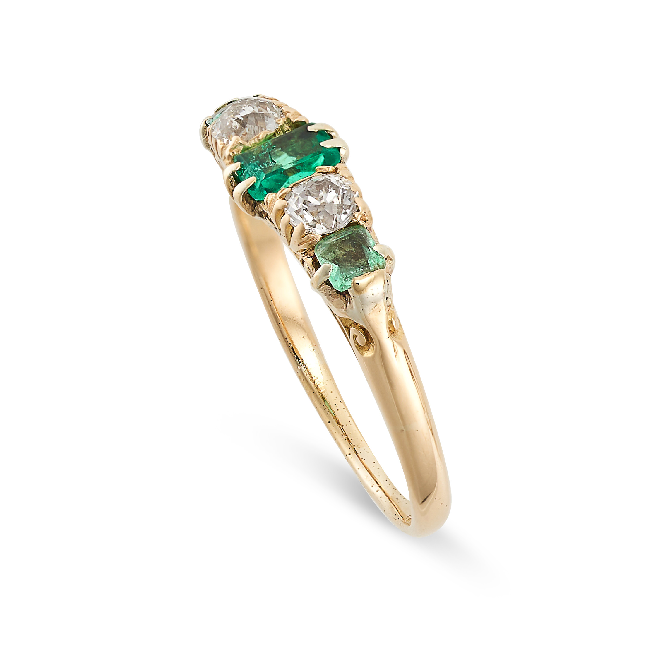 A VINTAGE EMERALD AND DIAMOND RING set with three step cut emeralds, accented by old cut diamonds, - Image 2 of 2