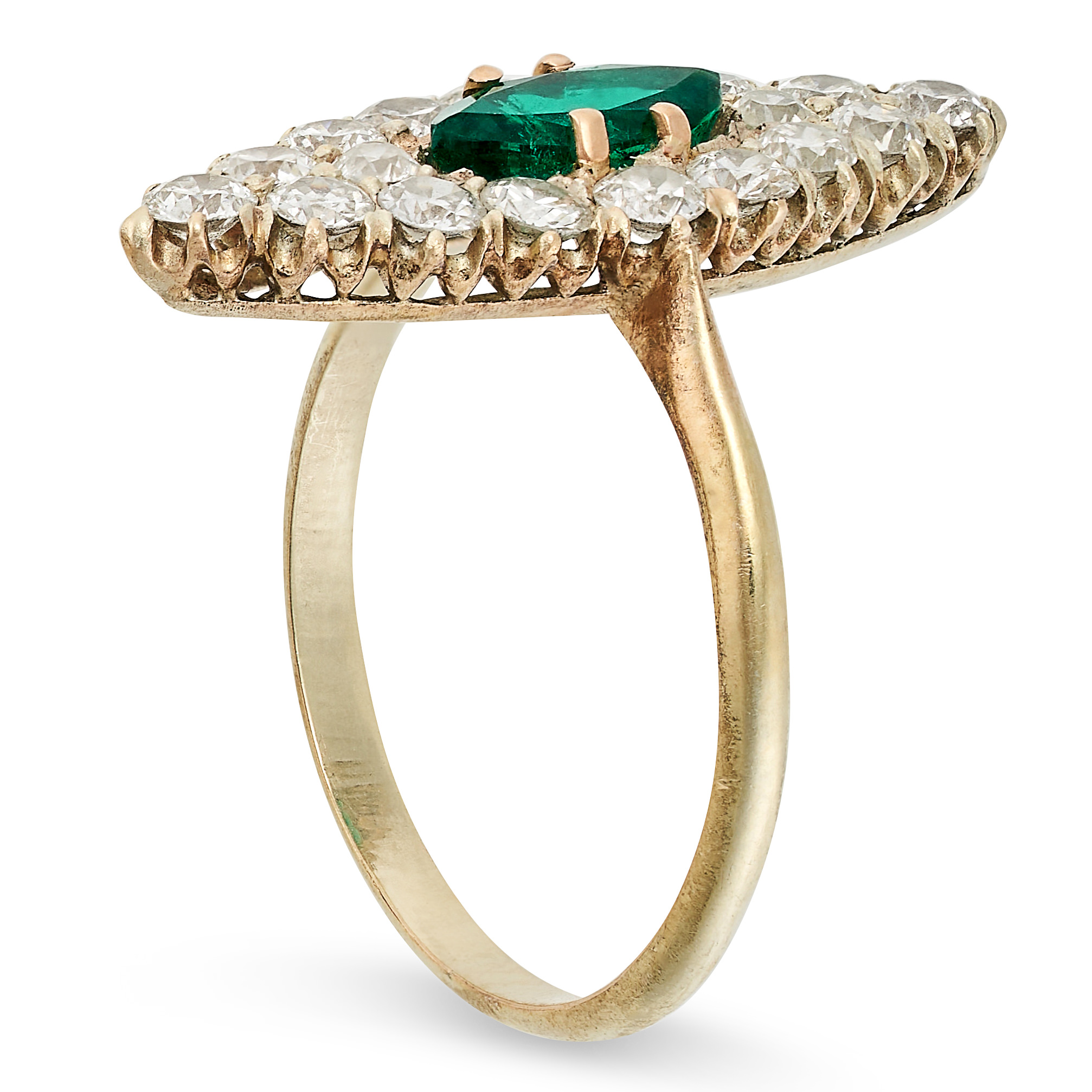 AN EMERALD AND DIAMOND MARQUISE RING in yellow gold, set with a marquise cut emerald, accented by - Image 2 of 2