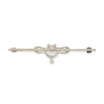 AN ANTIQUE DIAMOND BAR BROOCH set with a central scrolling motif, accented by old and single cut