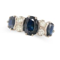 A VINTAGE SAPPHIRE AND DIAMOND RING in 18ct yellow gold, set with three graduated oval cut