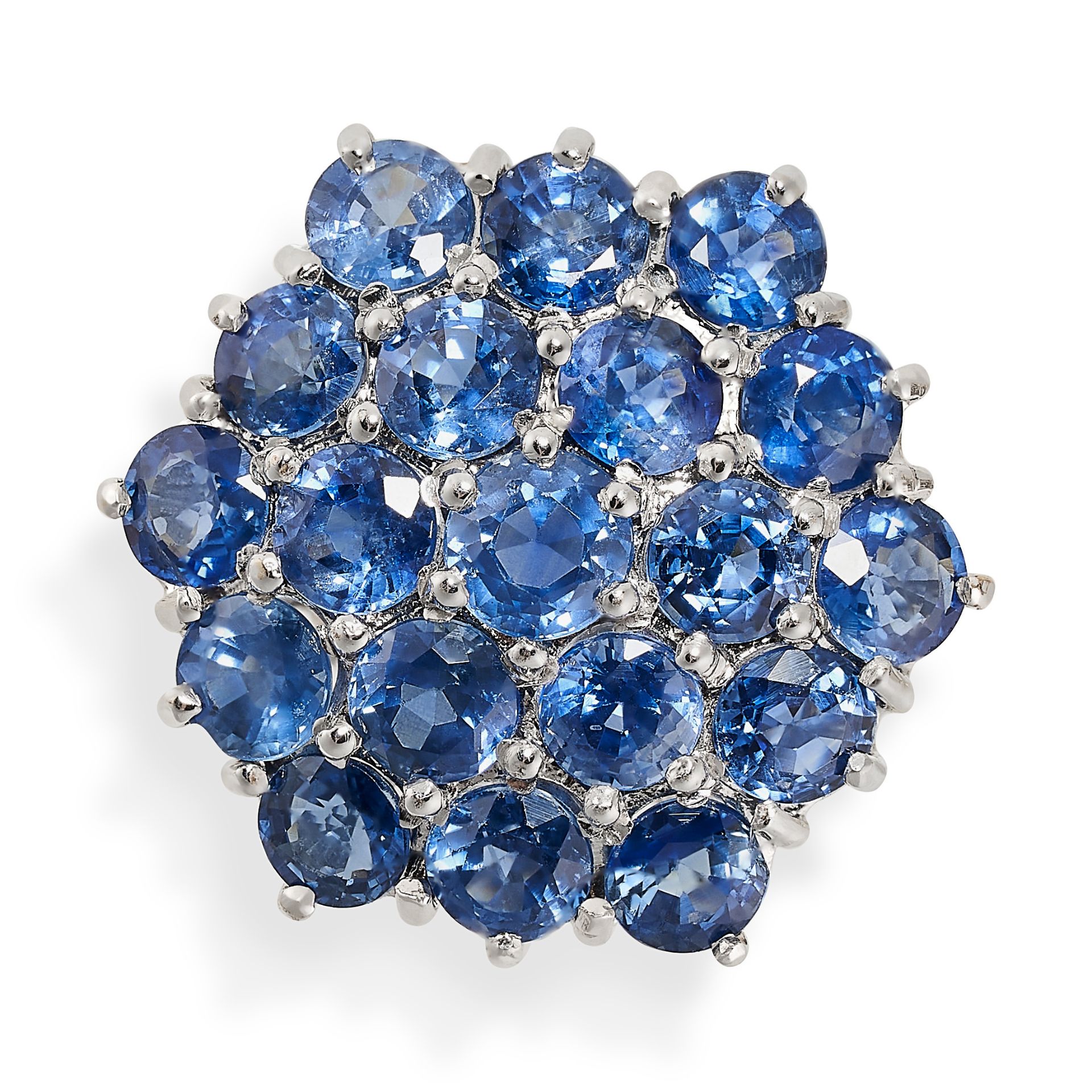 A SAPPHIRE CLUSTER RING in 9ct yellow gold, set with a cluster of round cut sapphires, British