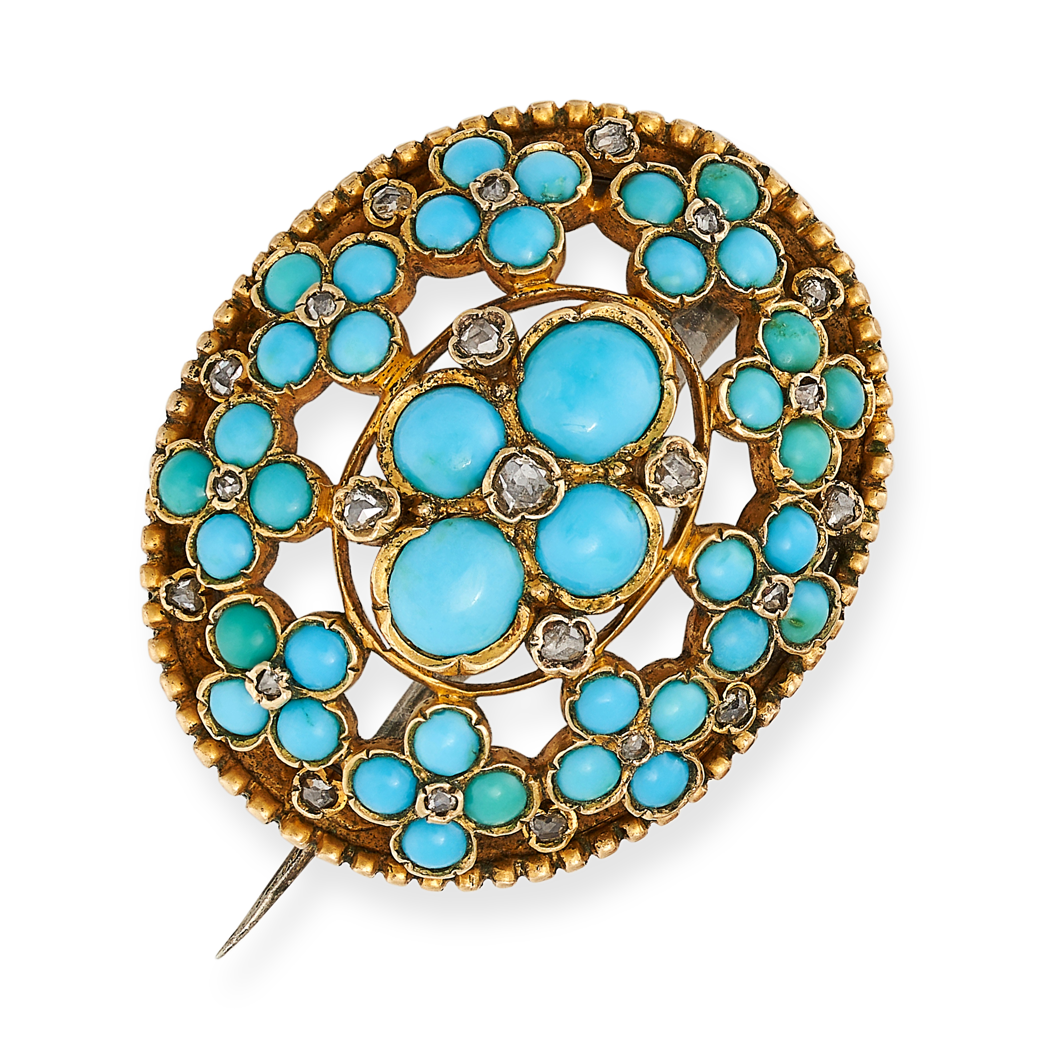 A TURQUOISE AND DIAMOND BROOCH the oval body set with cabochon turquoise in forget-me-not motifs