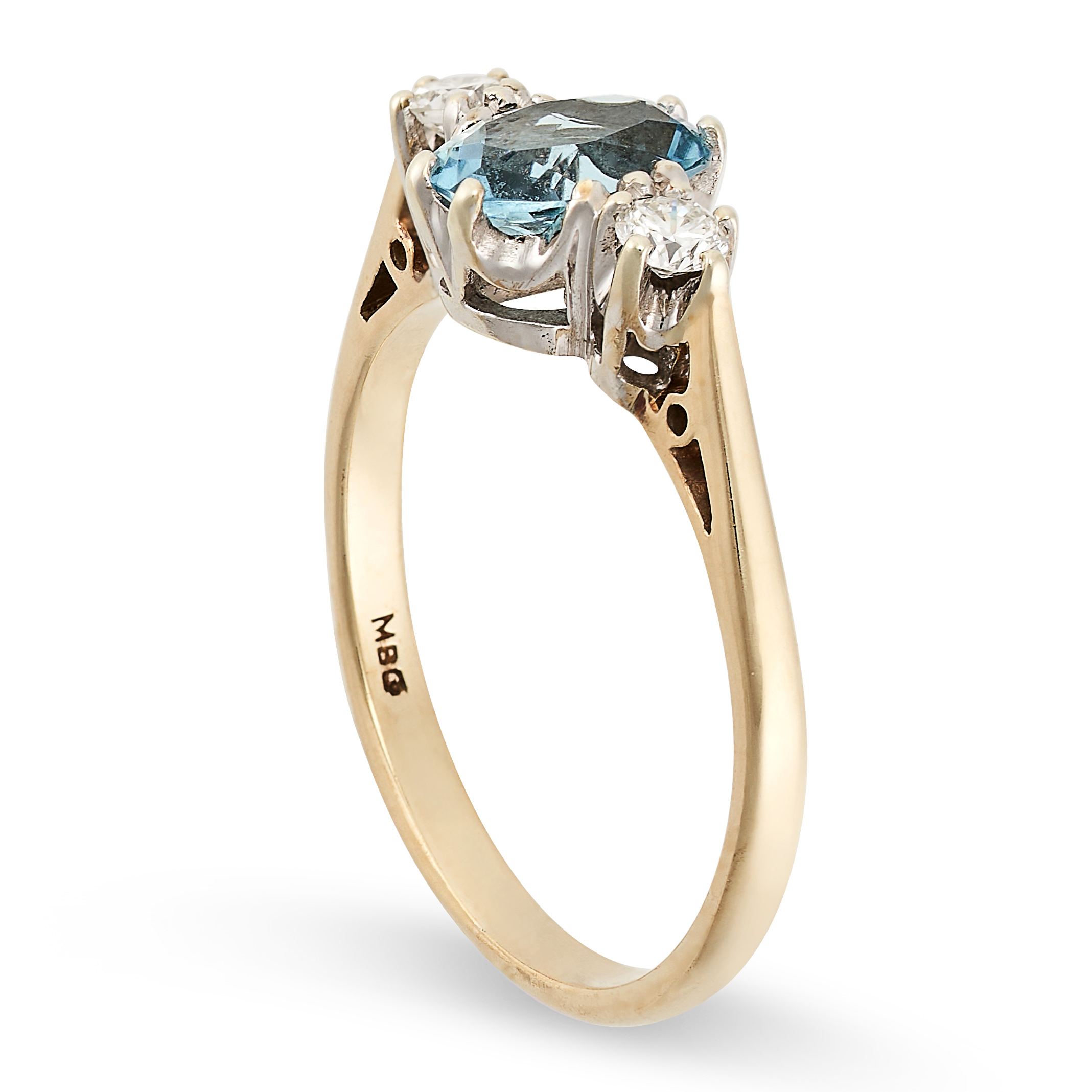AN AQUAMARINE AND DIAMOND THREE STONE RING in 9ct yellow gold, set with an oval cut aquamarine - Image 2 of 2
