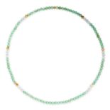 A NATURAL JADEITE JADE NECKLACE comprising a single row of polished vari-coloured jadeite jade