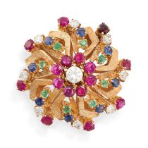 A VINTAGE DIAMOND, RUBY, SAPPHIRE AND EMERALD COCKTAIL RING in 18ct yellow gold, designed as a