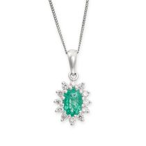 AN EMERALD AND DIAMOND PENDANT AND CHAIN the pendant set with an oval cut emerald in a cluster of