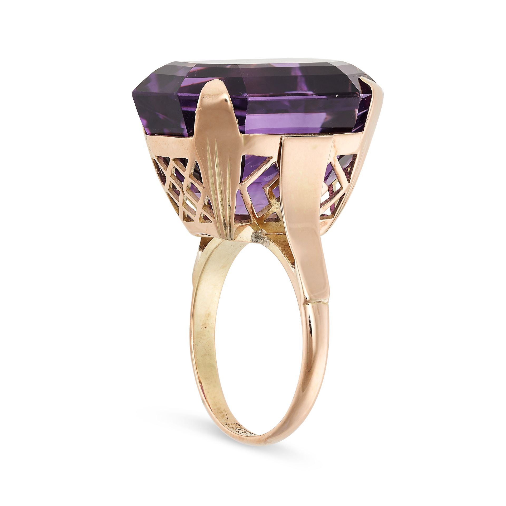 A VINTAGE AMETHYST RING set with an emerald cut amethyst of 23.96 carats, stamped 14ct, size O / - Image 2 of 2
