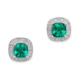A PAIR OF GREEN ZIRCON AND DIAMOND EARRINGS in yellow and white gold, each set with a cushion cut