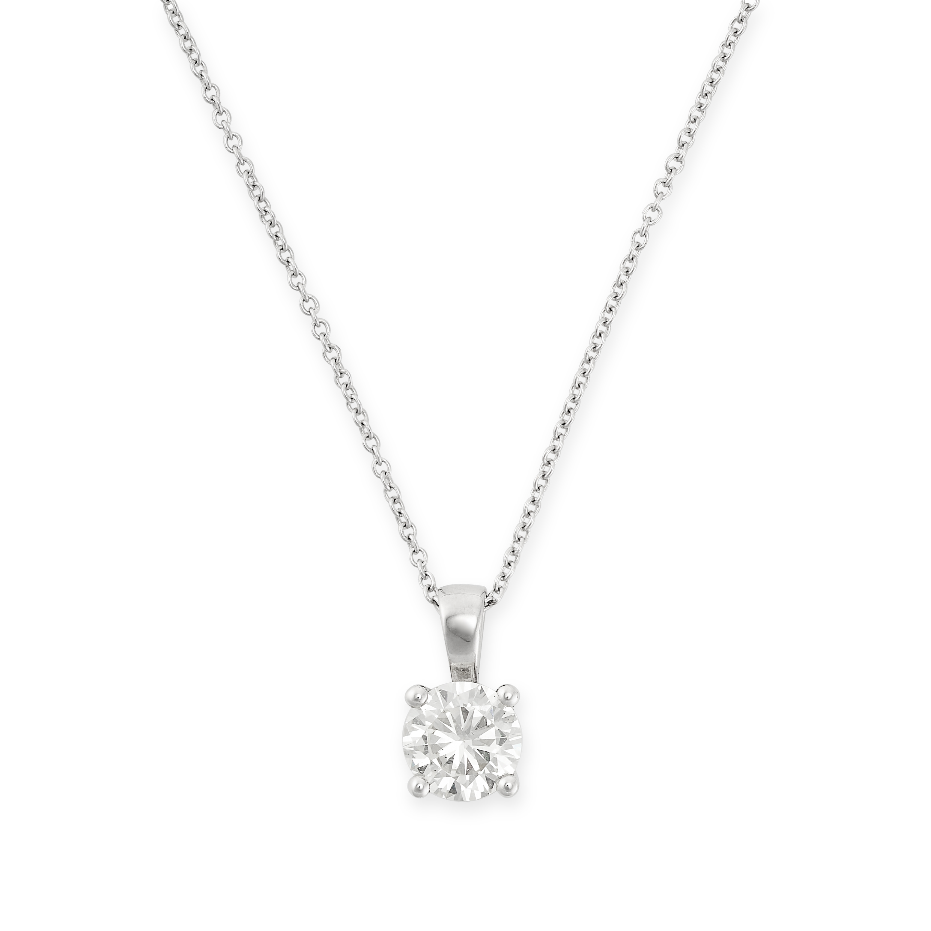 A SOLITAIRE DIAMOND PENDANT AND CHAIN in 18ct white gold, the pendant set with a round brilliant cut