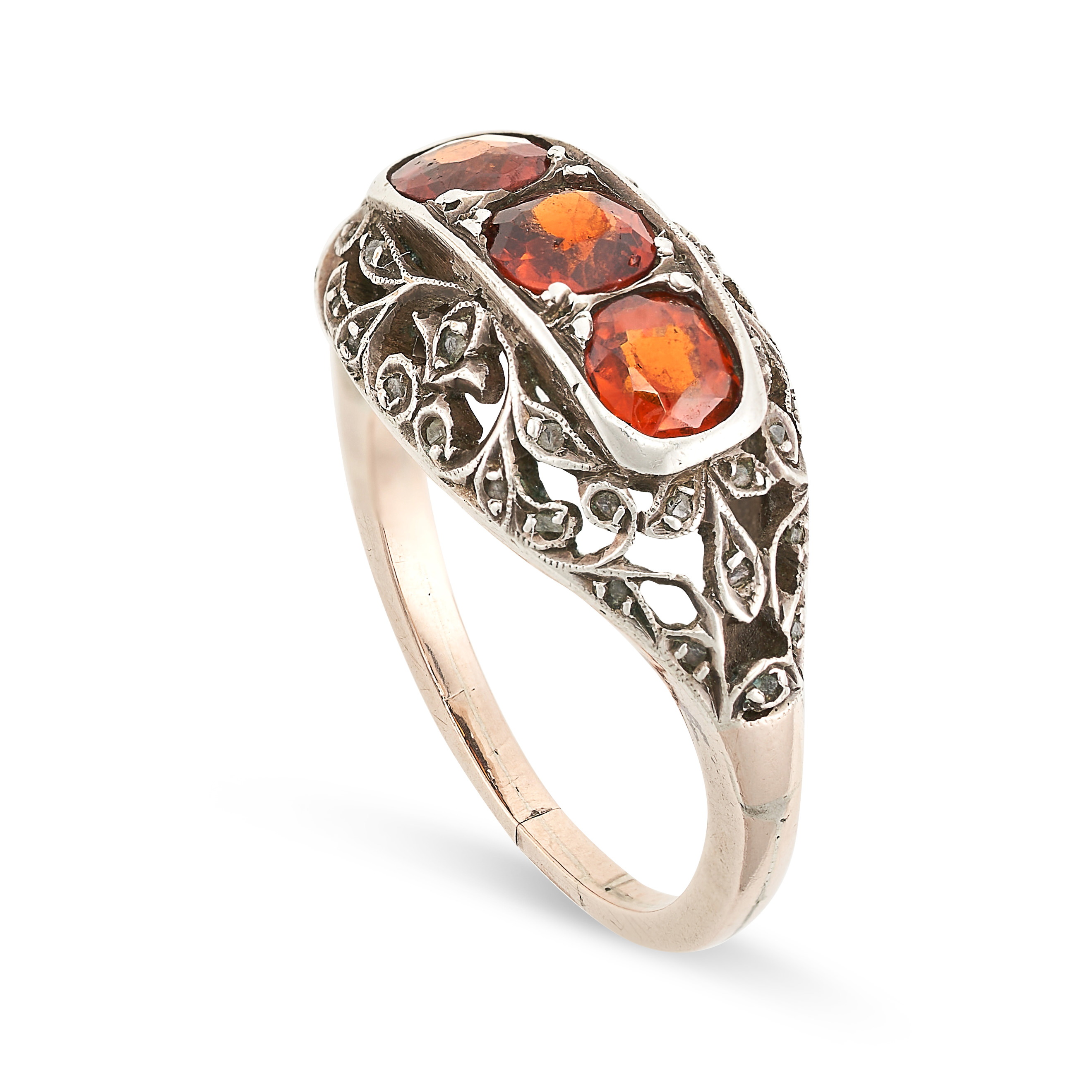 NO RESERVE - AN ORANGE PASTE AND DIAMOND RING set with three round cut orange paste gemstones in a - Image 2 of 2