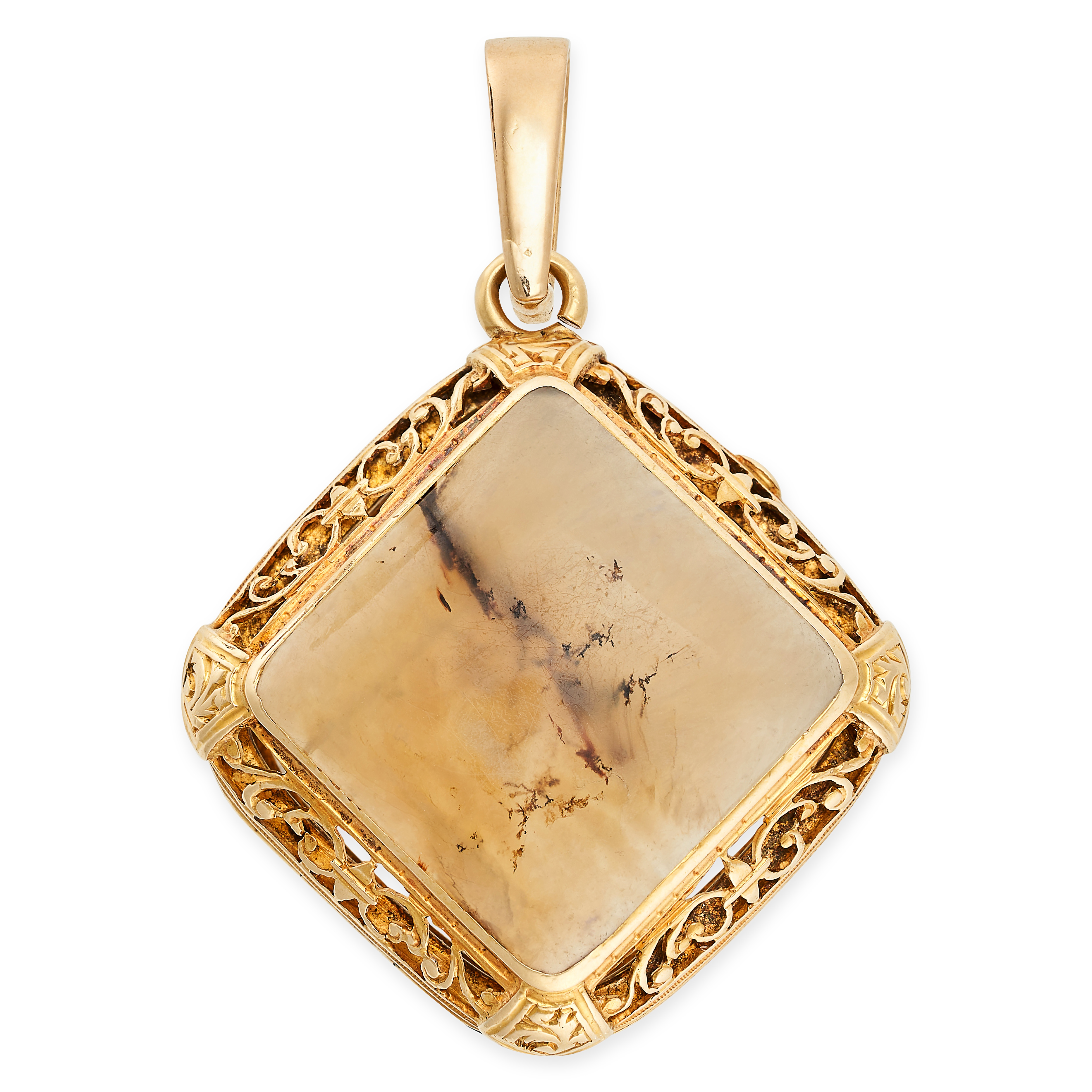 AN ANTIQUE ROCK CRYSTAL AND MOSS AGATE LOCKET PENDANT in yellow gold, the hinged locket set to one