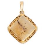 AN ANTIQUE ROCK CRYSTAL AND MOSS AGATE LOCKET PENDANT in yellow gold, the hinged locket set to one