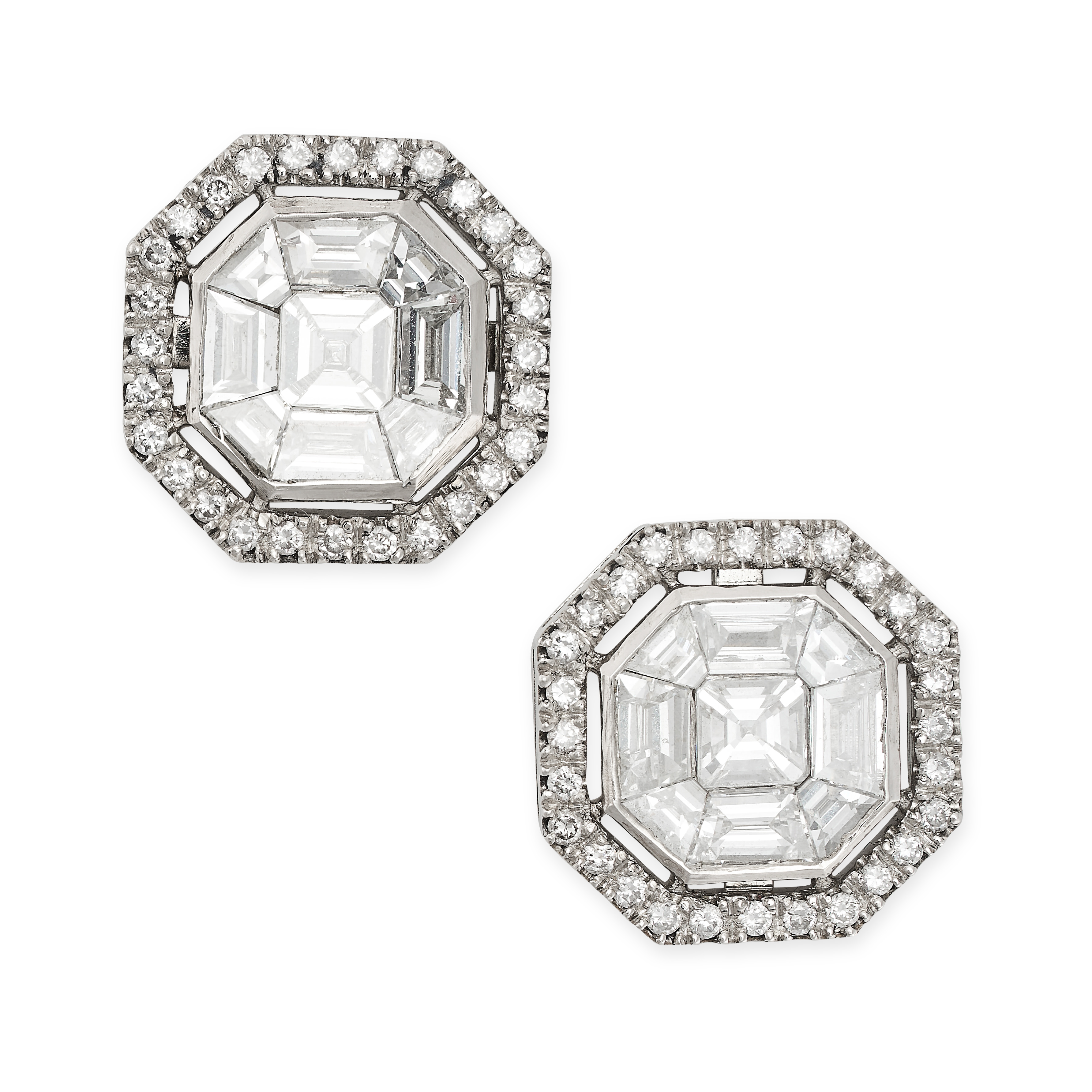 A PAIR OF DIAMOND CLUSTER EARRINGS in octagonal design, each set with an octagonal step cut