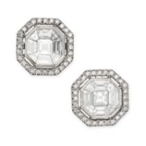 A PAIR OF DIAMOND CLUSTER EARRINGS in octagonal design, each set with an octagonal step cut