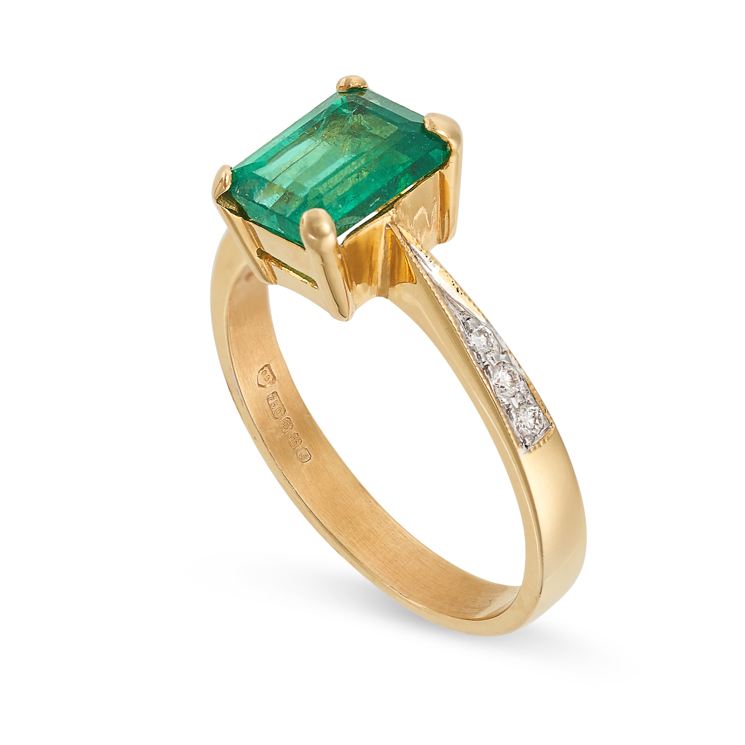 AN EMERALD AND DIAMOND RING in 18ct yellow gold, set with an emerald cut emerald of 1.23 carats, the - Image 2 of 2