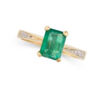 AN EMERALD AND DIAMOND RING in 18ct yellow gold, set with an emerald cut emerald of 1.23 carats, the