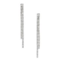 A PAIR OF DIAMOND DROP EARRINGS each set with two rows of round cut diamonds, stamped 18K, 5.1cm,