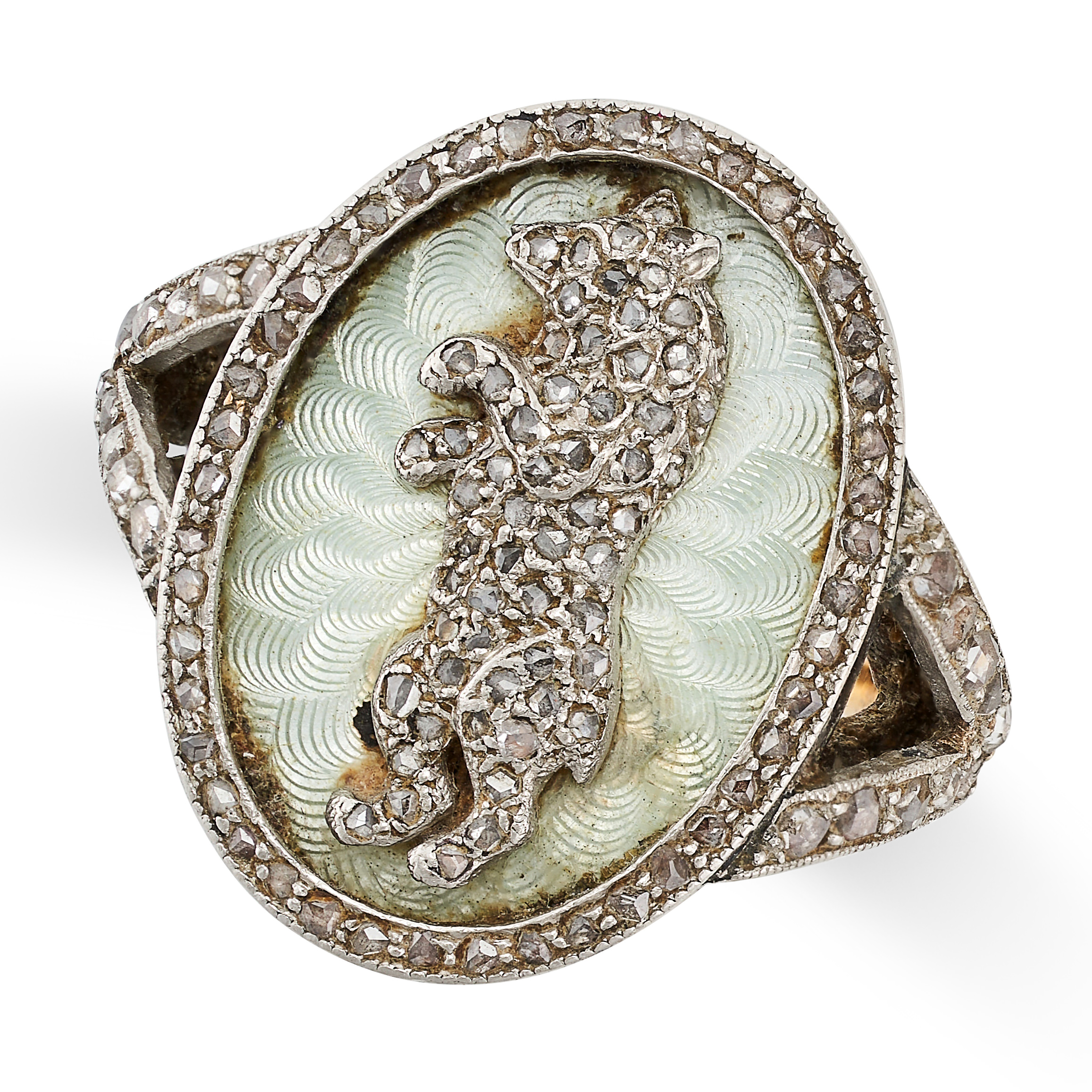 AN ANTIQUE ENAMEL AND DIAMOND BEAR RING in 18ct yellow gold and platinum, the oval face with an