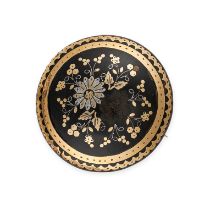AN ANTIQUE PIQUE TORTOISESHELL BROOCH, 19TH CENTURY the circular body with inlaid pique gold