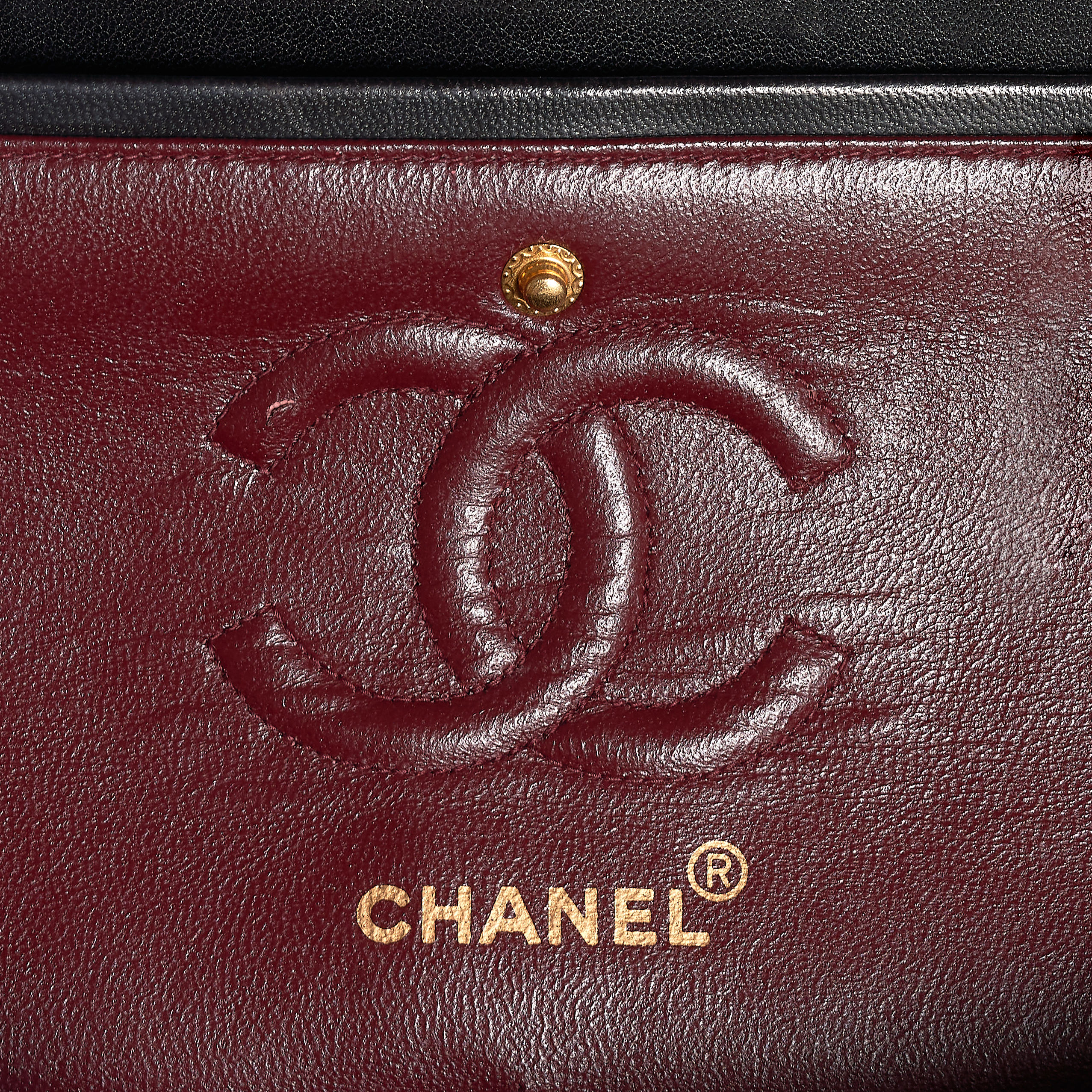 CHANEL, A VINTAGE BLACK QUILTED LAMB LEATHER 9" DOUBLE FLAP BAG quilted lamb leather, gold tone - Image 3 of 3