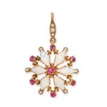 AN ANTIQUE OPAL, RUBY AND PEARL PENDANT in 9ct yellow gold, in floral design, set with a round cut