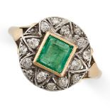AN EMERALD AND DIAMOND DRESS RING the circular face set with a step cut emerald within a pierced