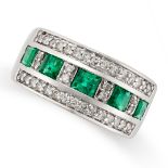 AN EMERALD AND DIAMOND RING set with a row of step cut emeralds, punctuated by pairs of round
