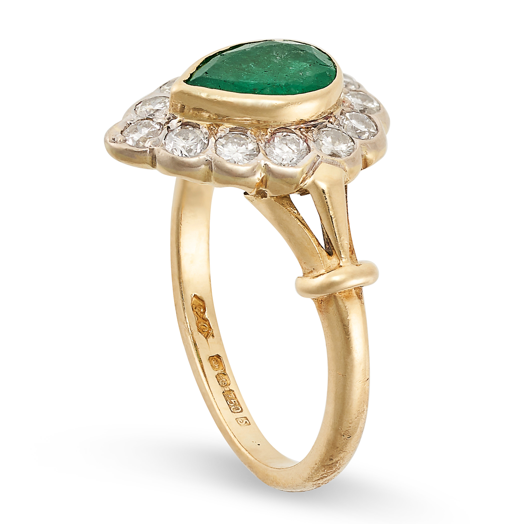 AN EMERALD AND DIAMOND RING in 18ct yellow gold, set with a pear shaped emerald in a cluster of - Image 2 of 2