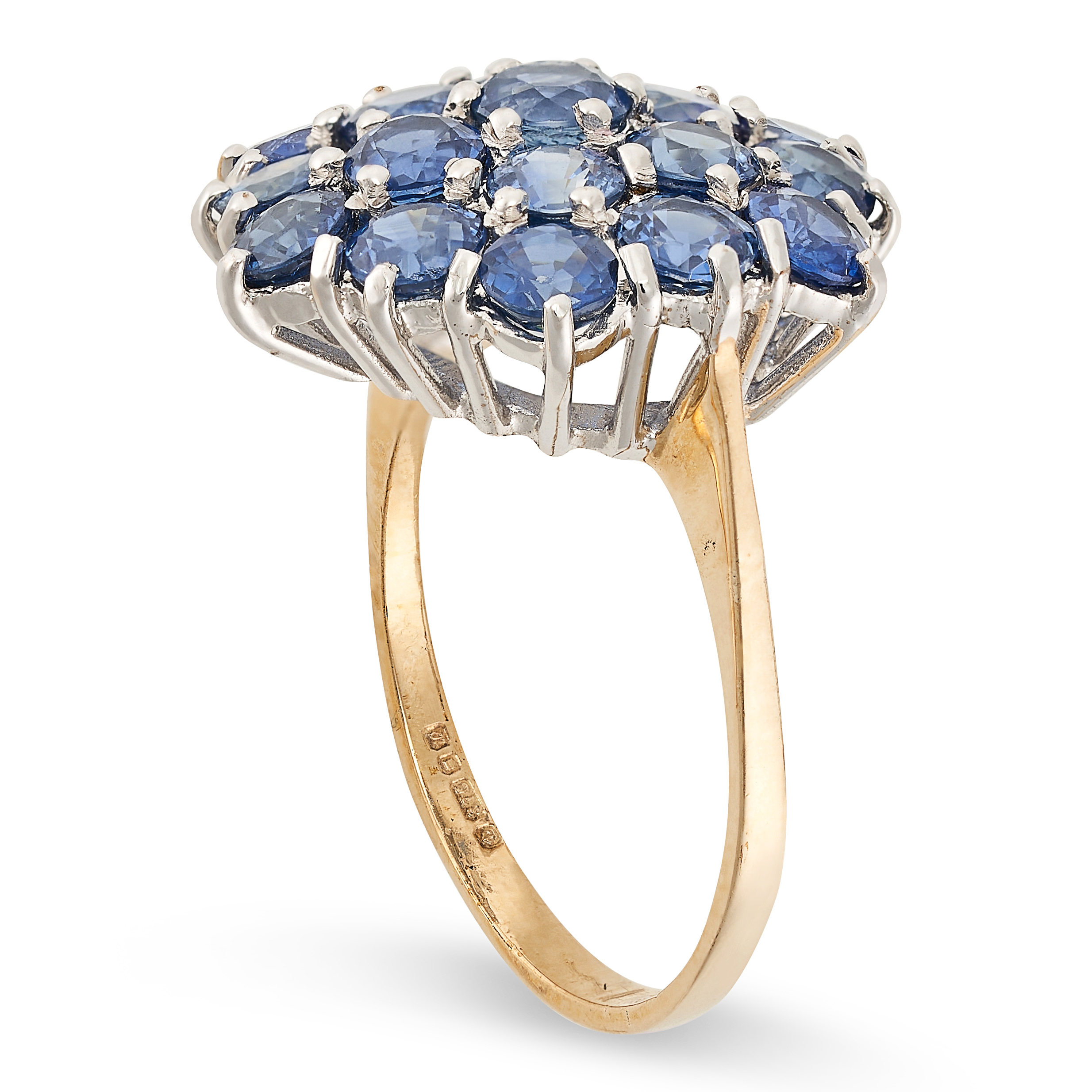 A SAPPHIRE CLUSTER RING in 9ct yellow gold, set with a cluster of round cut sapphires, British - Image 2 of 2