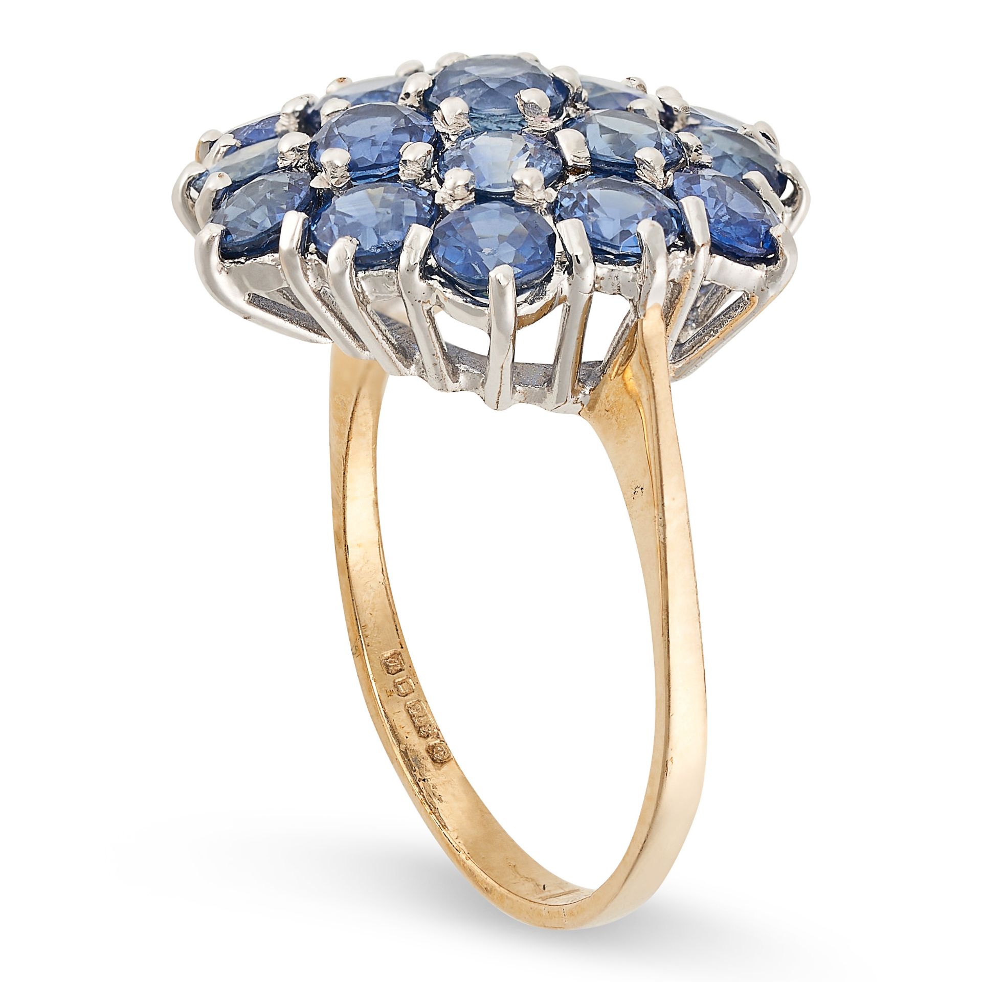 A SAPPHIRE CLUSTER RING in 9ct yellow gold, set with a cluster of round cut sapphires, British - Image 2 of 2