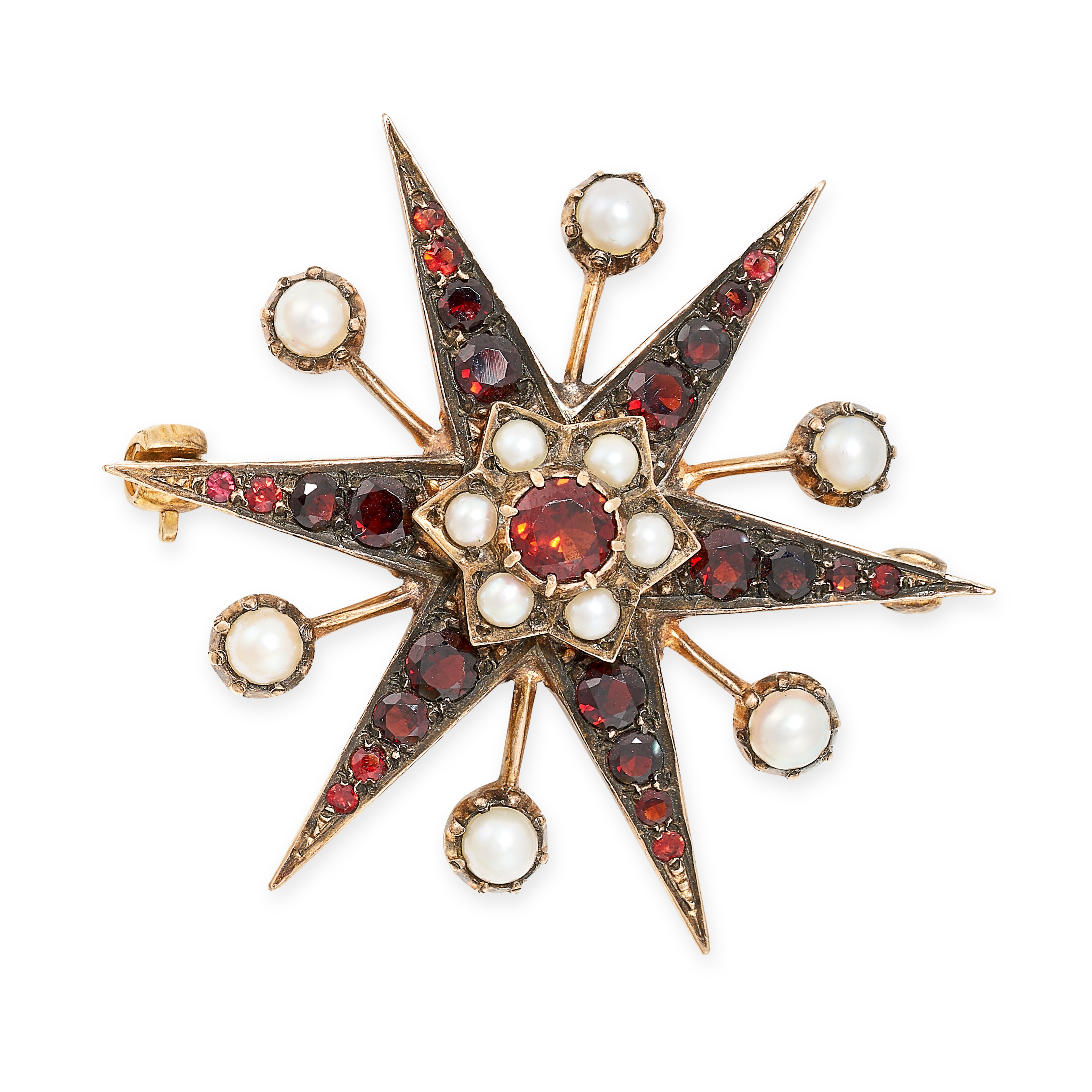 A VINTAGE GARNET AND PEARL STAR BROOCH,1963 in 9ct yellow gold, designed as a six rayed star set